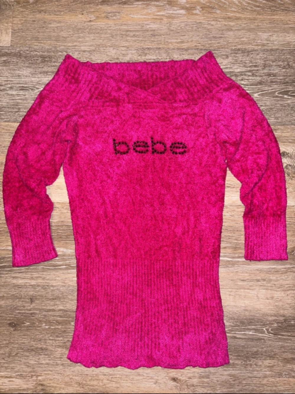 bebe Hot Pink Off-the-Shoulder Crystal Logo Sweater